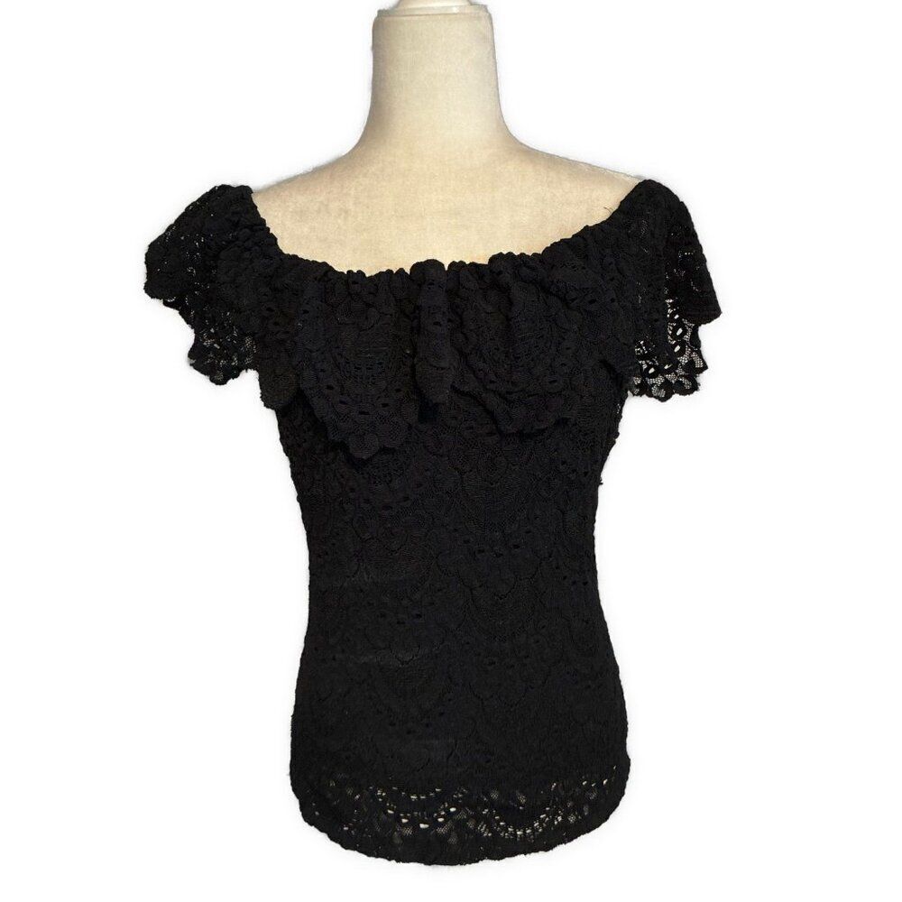 Nightcap Women’s Solid Black Lace Cold Shoulder Nylon Top 4 Small